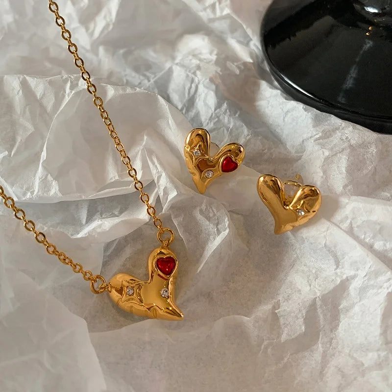 Fashion Small Gold Irregular Inlaid Diamond Love Earrings Necklace Jewelry Set for Woman Sweater Chain