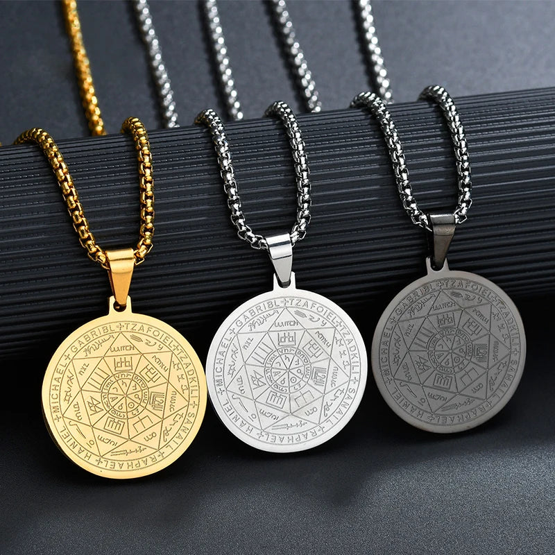 Gold Stainless Steel Round Rune Star Necklace Lucky Solomon Talisman Hexagram Pendant Necklace for Amulet Magic Jewelry