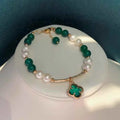 Adjustable Double-Sided Clover Jade Marrow Bracelet with 6-7MM Near Round Potato Freshwater Pearls New Collection Unique Design