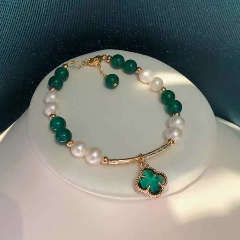 Adjustable Double-Sided Clover Jade Marrow Bracelet with 6-7MM Near Round Potato Freshwater Pearls New Collection Unique Design