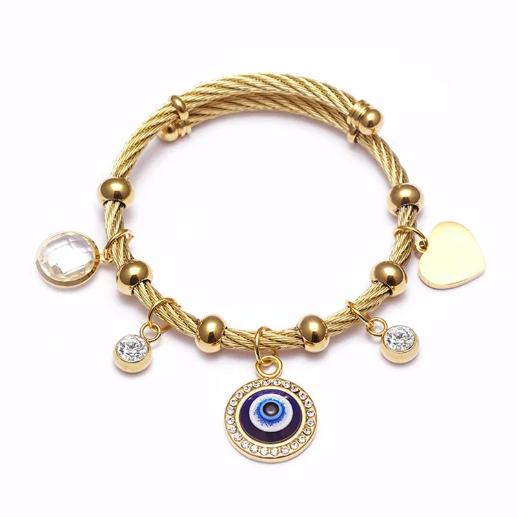Fashion Women Adjustable Evil Blue Eye Bracelet 18K Gold Plated Stainless Steel Charm Bracelets Jewelry