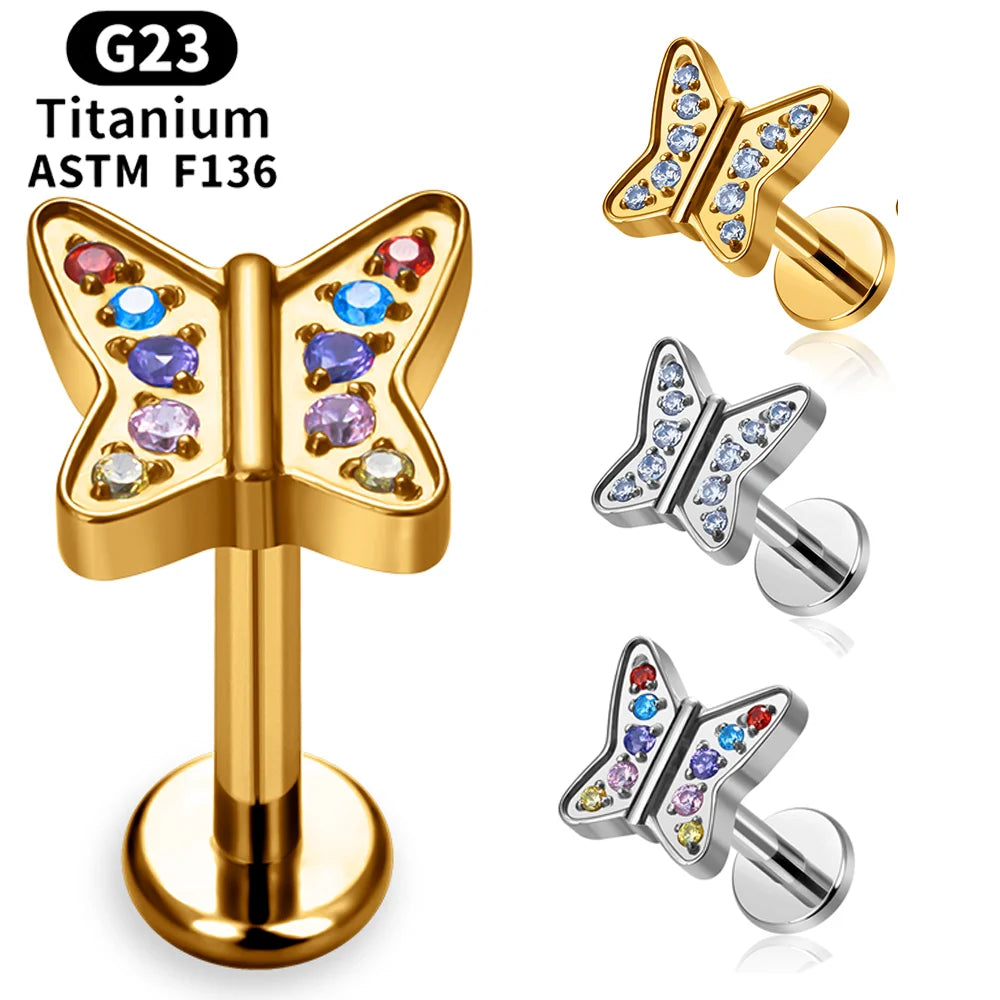 F136 Titanium 16G Internal Thread Piercing Labret Studs Butterfly Shaped CZ Cartilage Ear Tragus Helix Fashion Earrings Jewelry