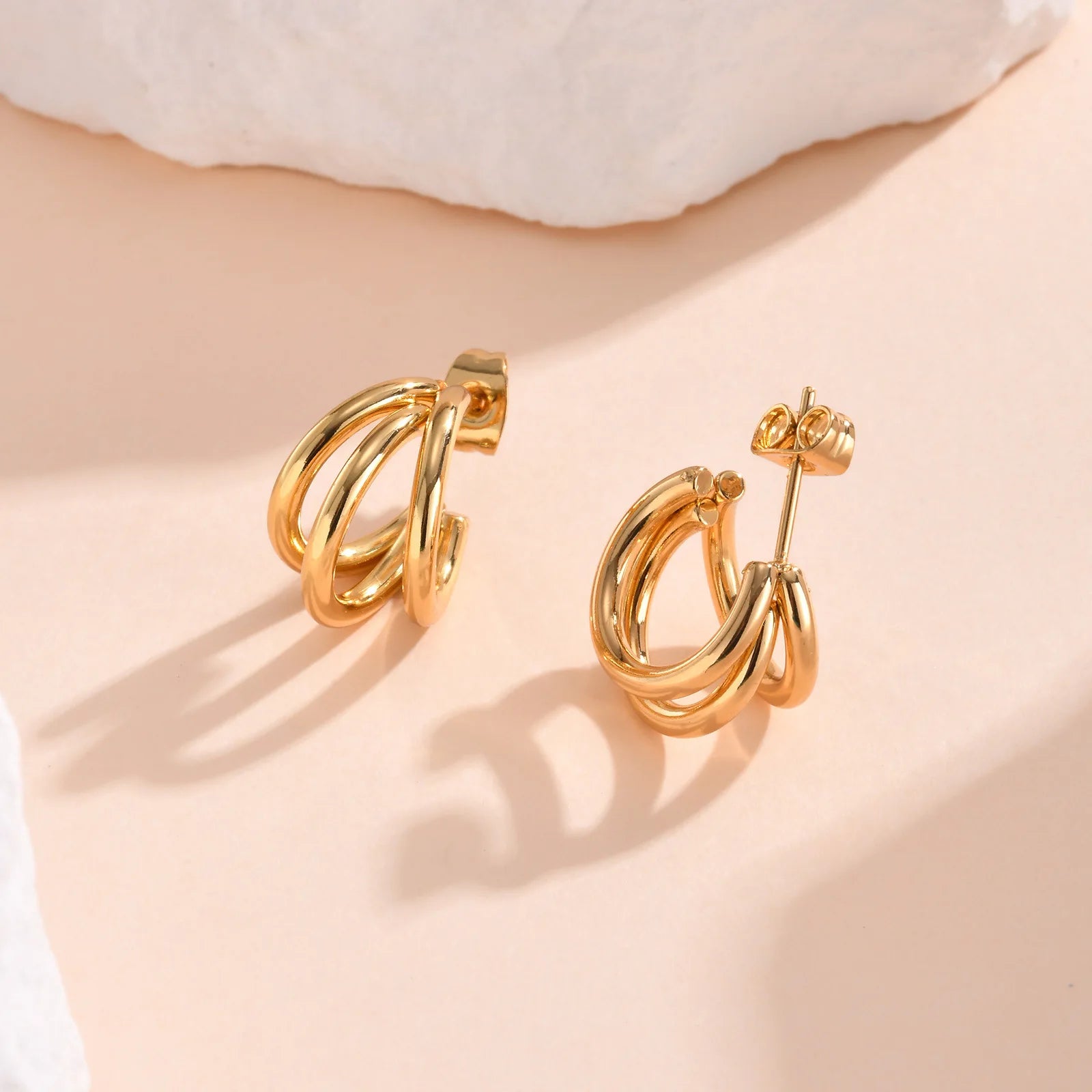 Waterproof Tarnish Free Jewelry Gold Plated Stainless Steel Three Layer Stud Earrings Triple C Shaped Hoop Earrings for Women