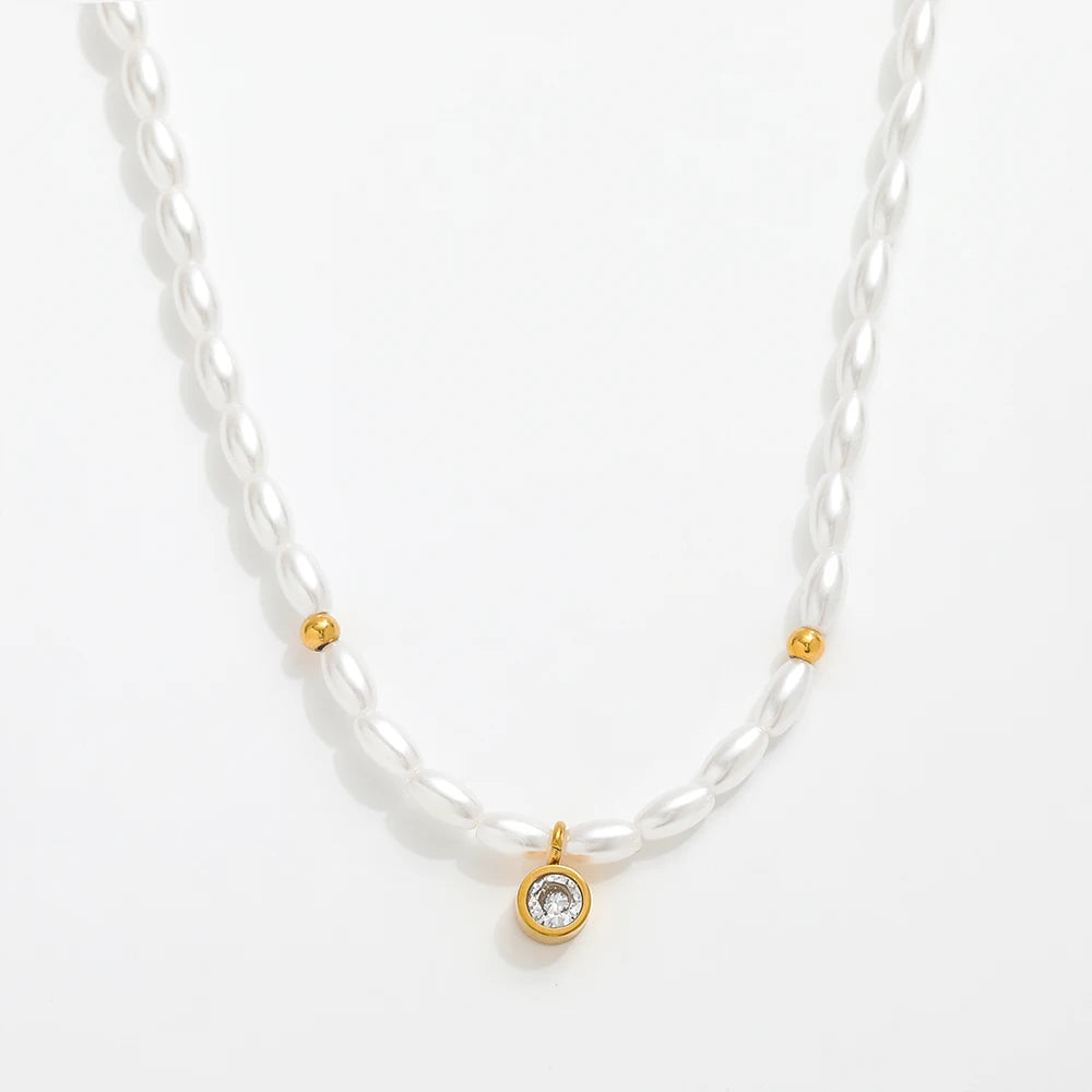 Fenny 18K Gold Plated Waterproof Designer Elegant Luxury Pearl String Chain Dainty Zirconia Pendant Stainless Steel Necklace