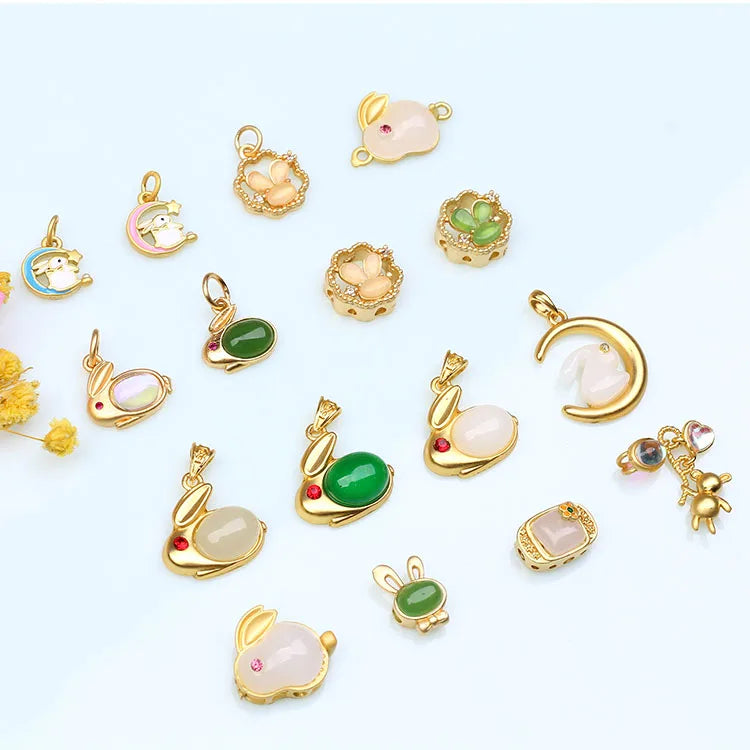 JF8754 Matte Gold Plated Brass Nephrite Jade Rabbit Charm Pendants for Bracelet Necklace Jewelry Making