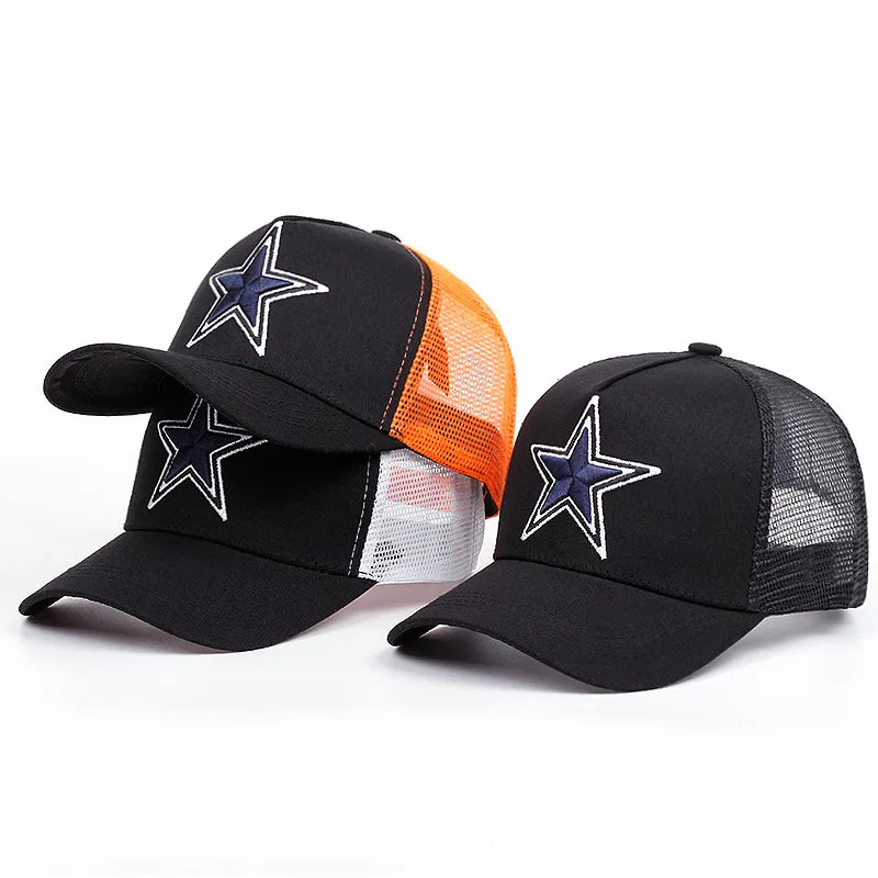Manufacturer's Custom Casual Outdoor 5 Panel Trucker Cap 3D Embroidered Star Logo High Quality Cotton Mesh Hat Hip Hop Fashion