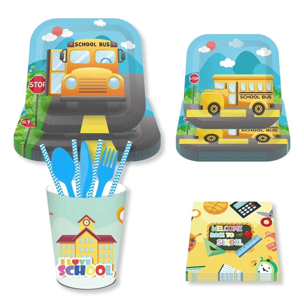 Huancai Back to School Party Supplies Paper Plates Cups Napkins Disposable Tableware Set for First Day of School Party Supplies