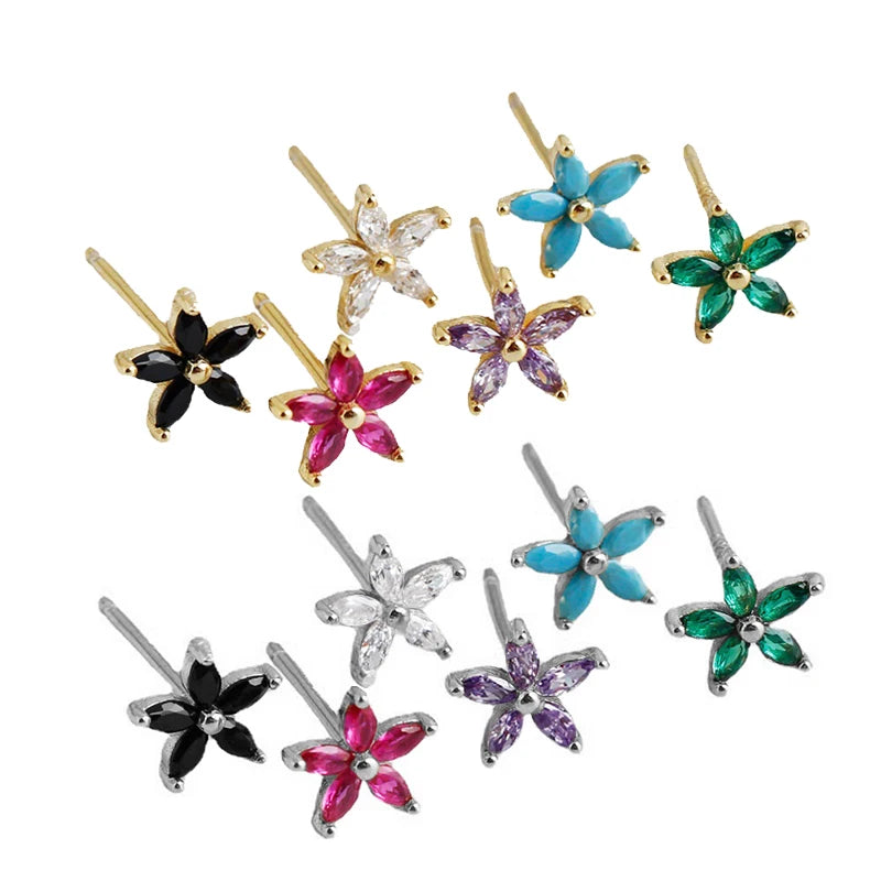 EH1361 925 Sterling Silver Cubic Zirconia Flower Shape Gold Color Plated Small Ear Studs Earrings