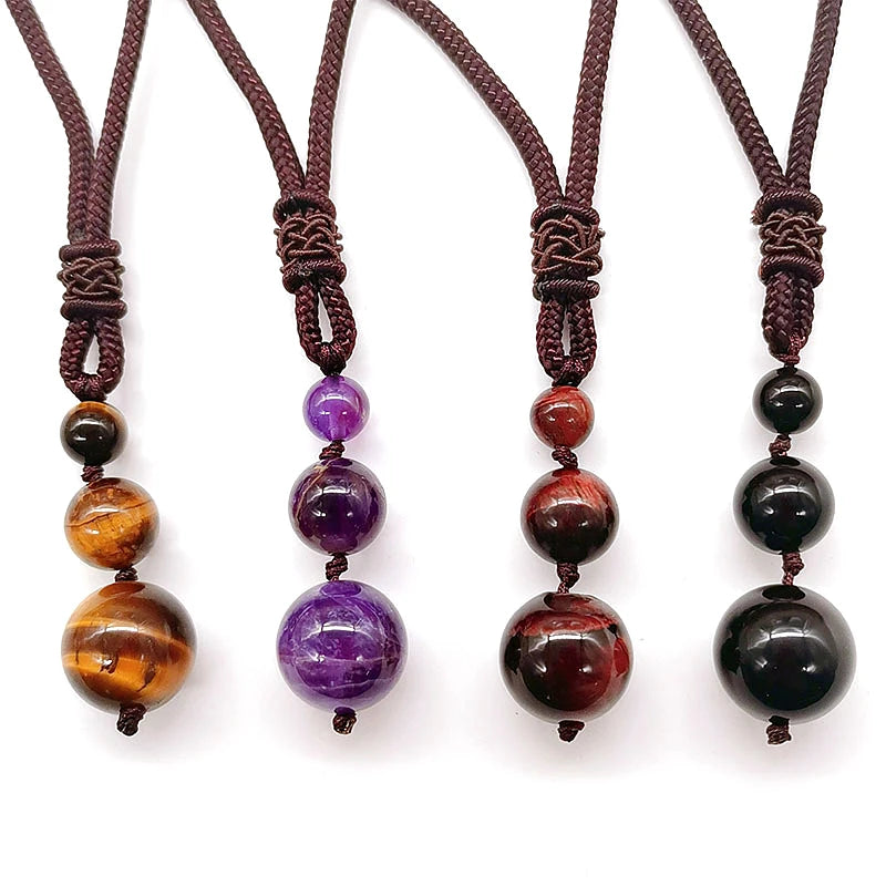 Hot Sale Statement Adjustable Rope Necklace Natural Amethyst Pendant Necklace 16mm Tiger's Eye Pendant Necklace Gifts for Women
