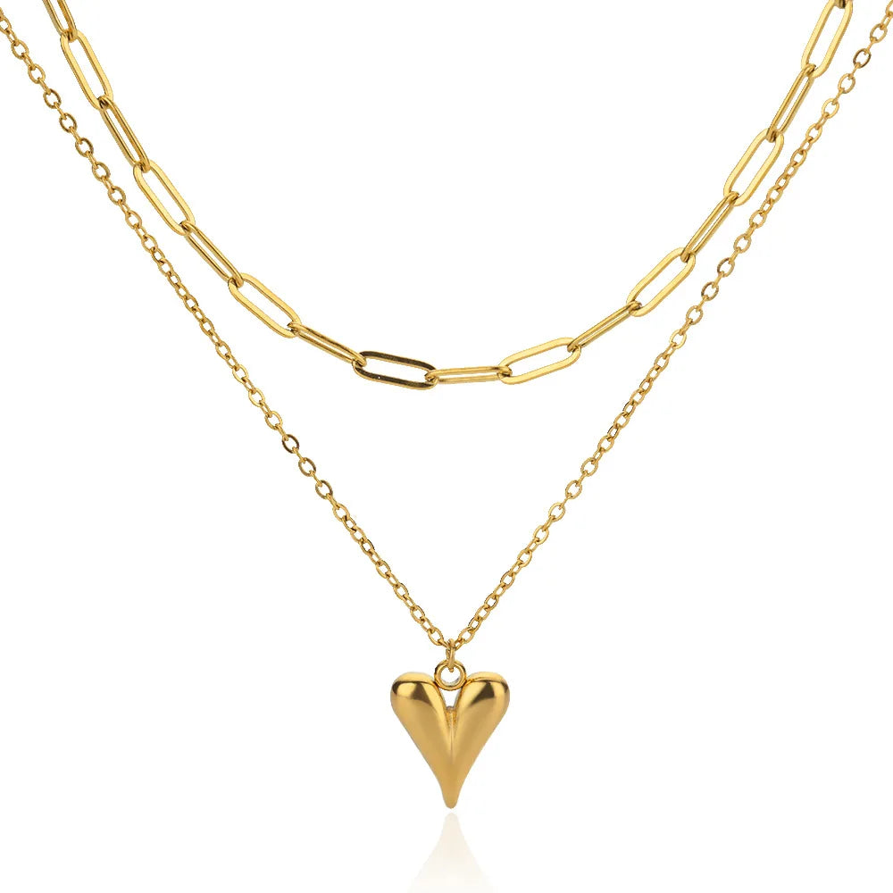 Charm Waterproof Fashion Gold Plated Jewelry Necklaces for Women Stainless Steel Double Chain Heart Pendant Necklace