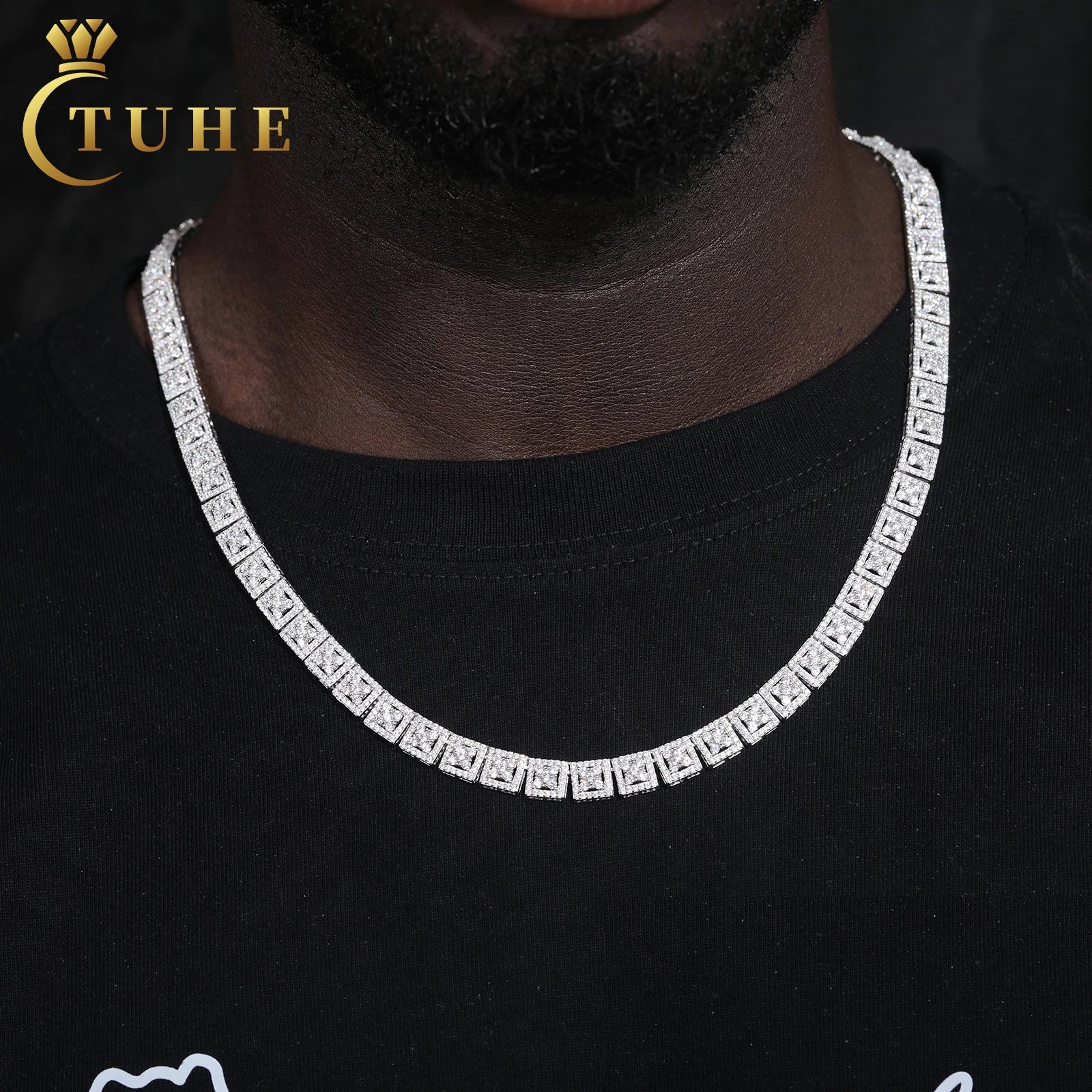 Fine Jewelry 8mm 925 Sterling Silver VVS Moissanite Gold Plated Four Leaf Clover Square Geometric Link Chain Necklace
