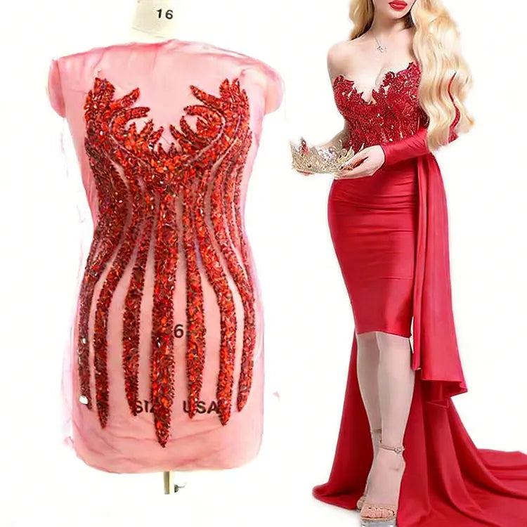 Vintage Design Luxury Big Crystal Sequin Applique Bustier Top Red Beaded Stone Rhinestone Appliques WDP-109 Wholesale Price