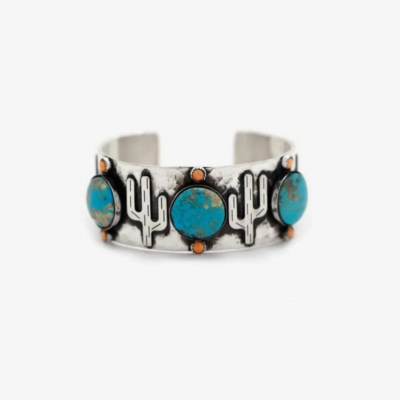 2022 Newest Ethnic Style Bohemian Cute Vintage Turquoise Cactus Open Wide Alloy Bracelet Bangle