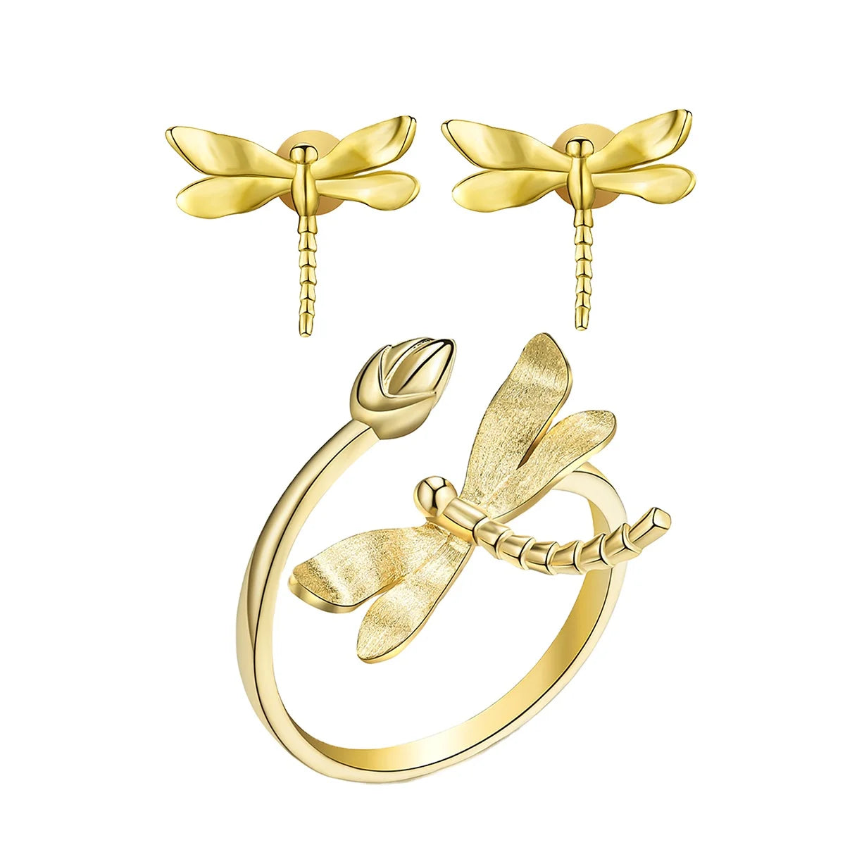 Wholesale Hand Made 925 Sterling Silver 18k Gold Plated Cute Dragonfly Stud Earring and Ring Minimalist Animal Women Jewelry Set