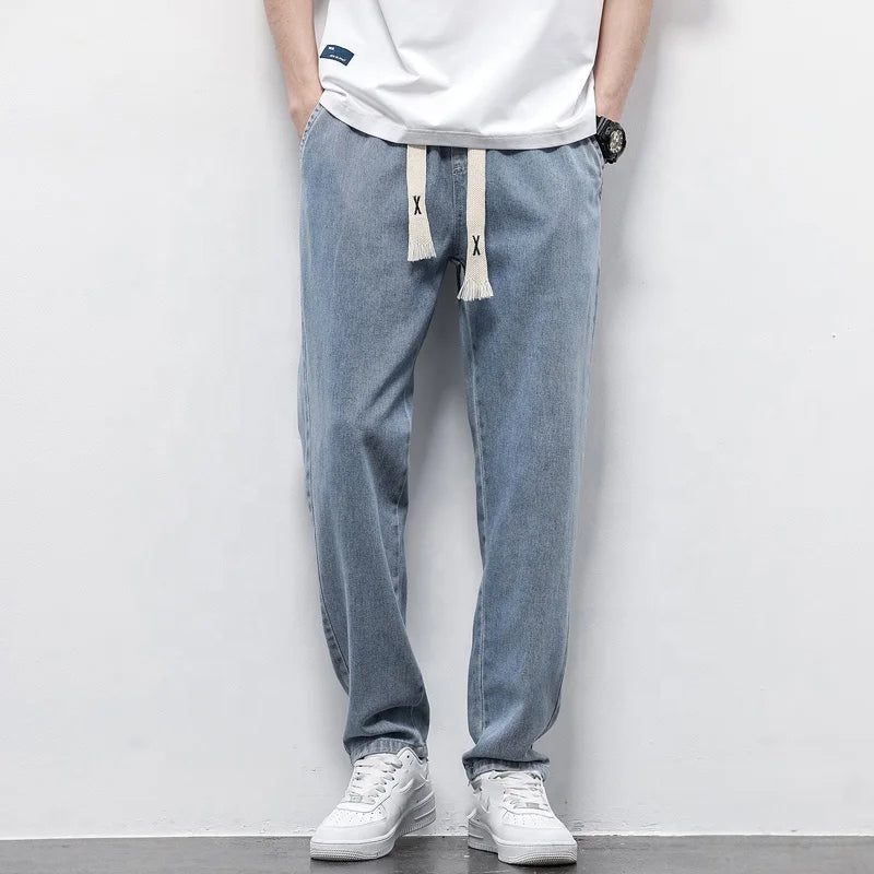 Autumn Winter Men's Jeans Cotton Soft Drawstring Straight Pants Elastic Waist Vintage Korea Casual Trousers Male Plus Size S-5xl