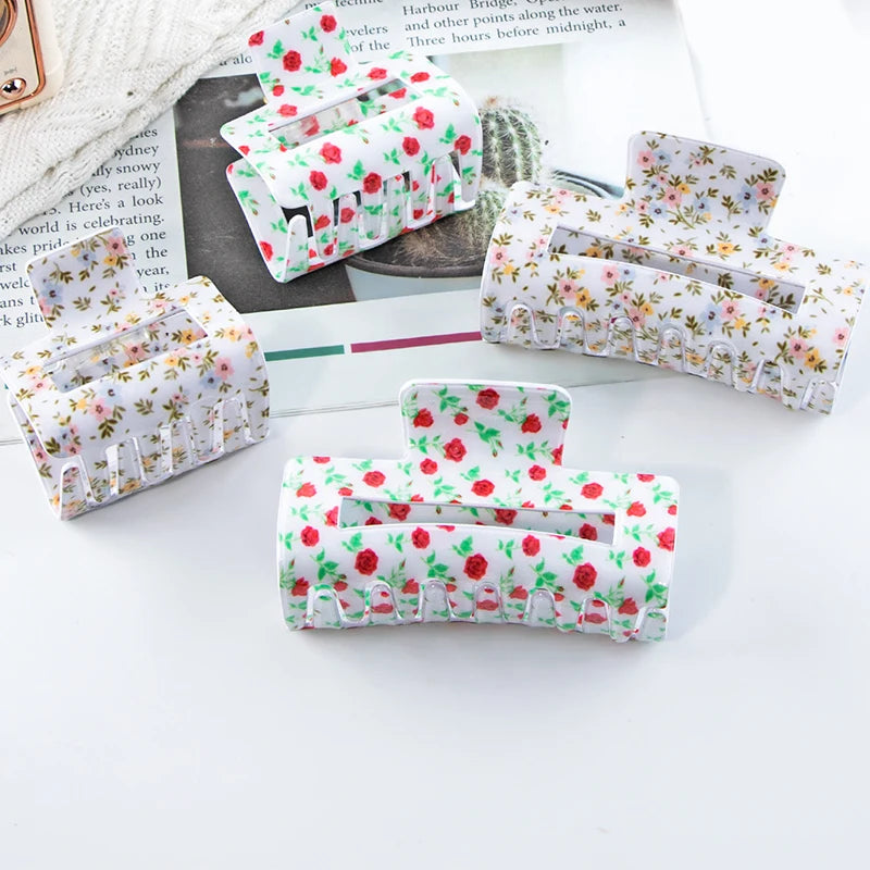 Red Rose Print Pattern Small Floral Rectangular Grab Clip Square Hollow Flower Pattern Shark Clip Female Elegance Hair Claw