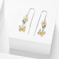 Fine Jewelry 925 Sterling Silver Two Tone Plated Zircon Butterfly & Flower Threader Earrings