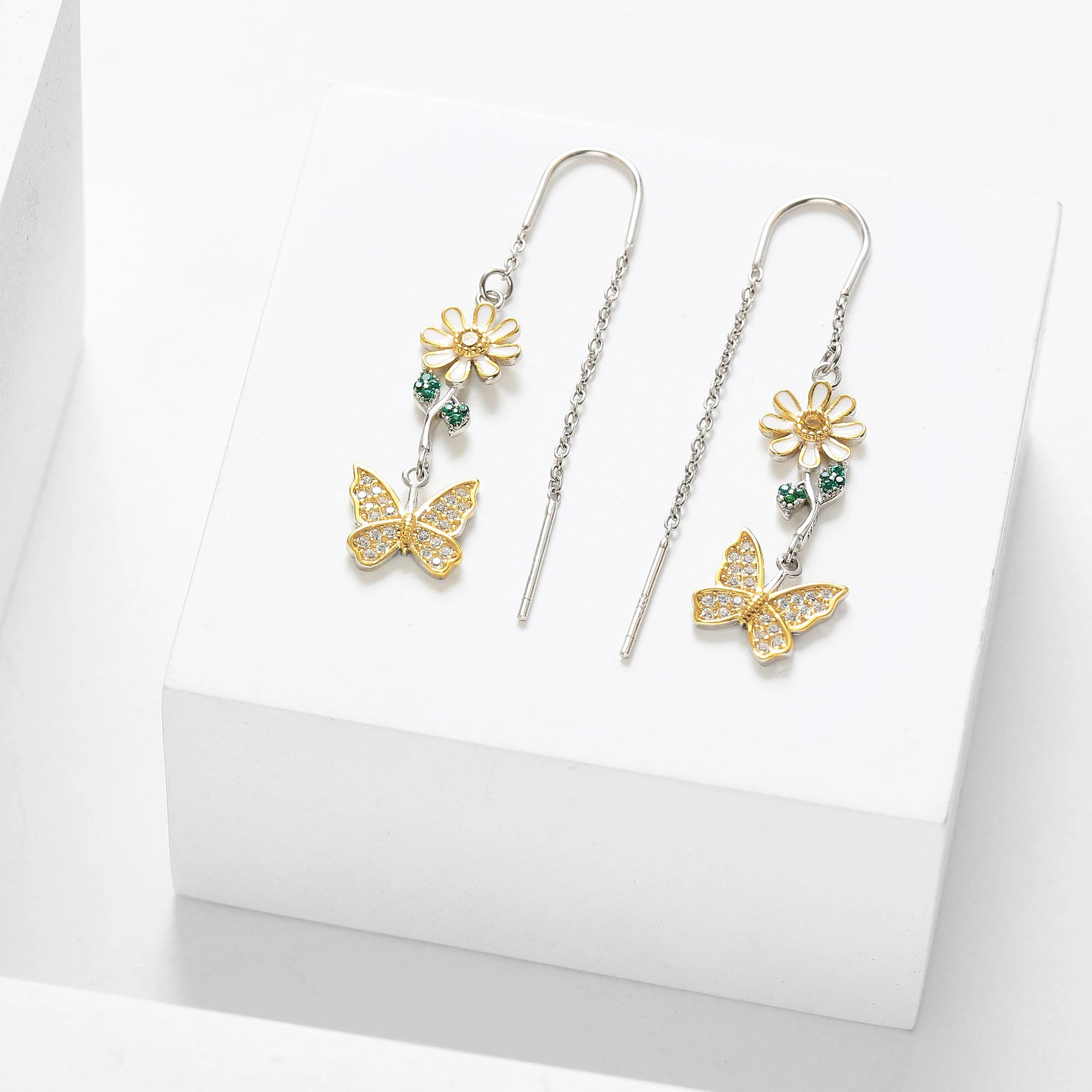 Fine Jewelry 925 Sterling Silver Two Tone Plated Zircon Butterfly & Flower Threader Earrings