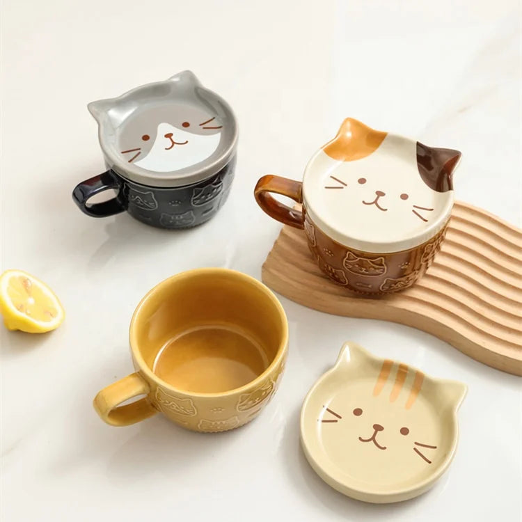 Madou Eco-Friendly Bone China Cute Cat 3D Animal Shaped Mug Set 300ml Handmade Dishwasher Safe