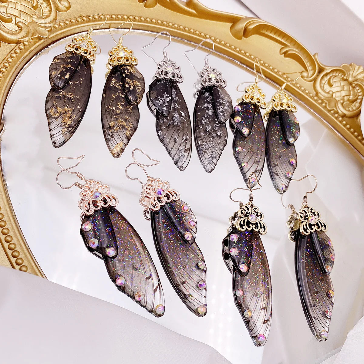 Delicate Black Gradient Color Resin Butterfly Wing Drop Earring Beauty Crystal Fairy Wing Hook Earrings for Women Girls Jewelry