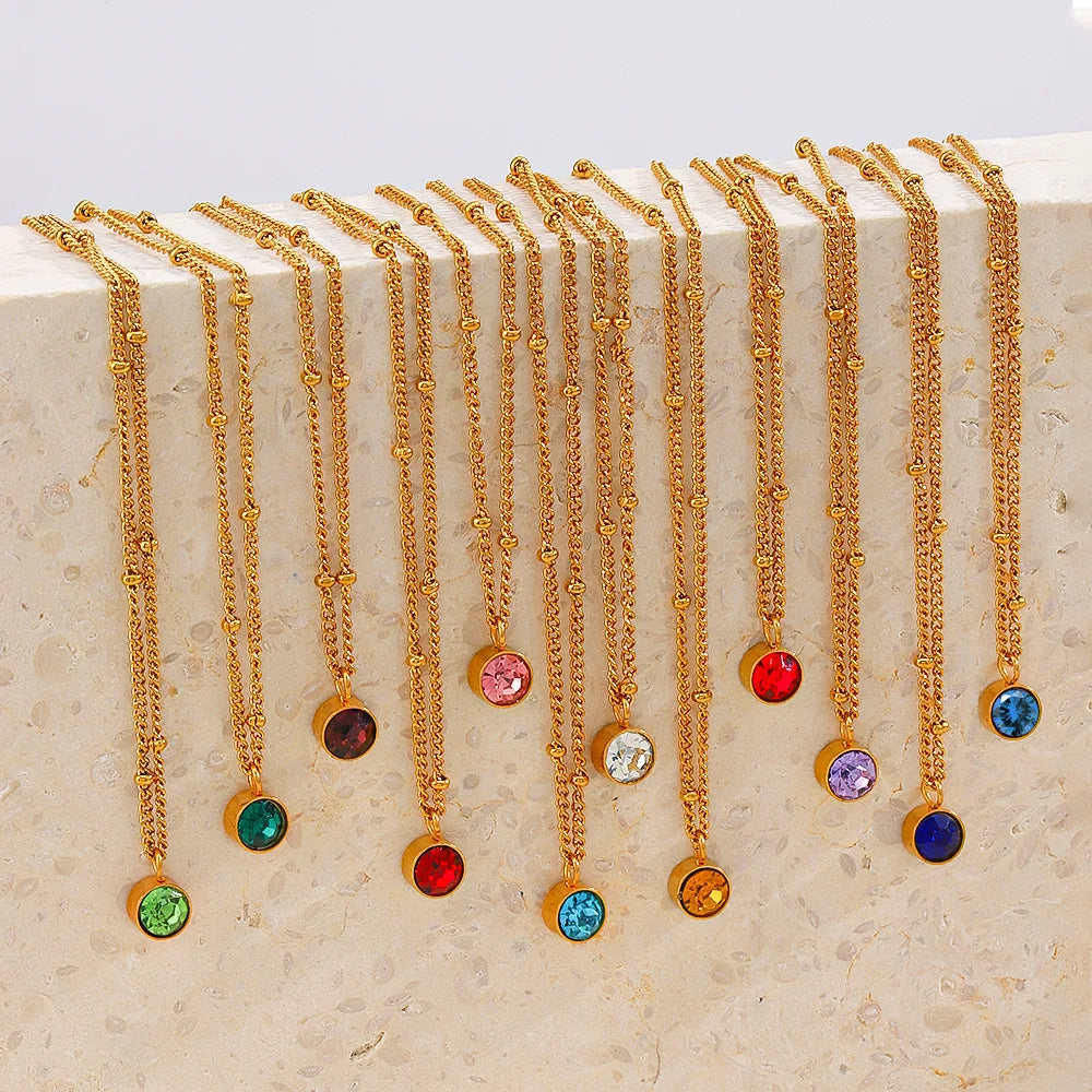 HOVANCI 18K PVD Gold Plated Round Birthstone Zirconia Necklace Stainless Steel Gemstone Birthstone Pendant Necklace for Women