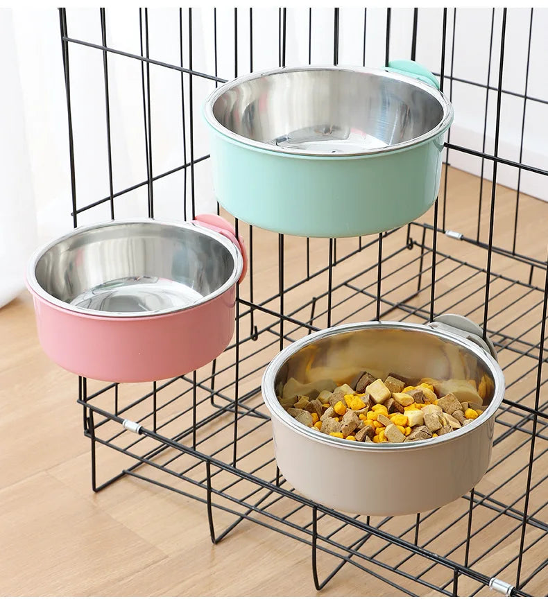 Two-in-One Convenient Access Eco-Friendly Pet Bowl Dog Cage Anti-Tipping Solid Pattern Stainless Steel Plastic Easy Hang