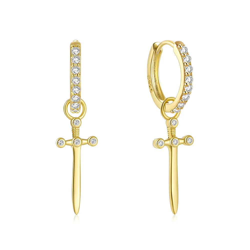 Fashion Jewelry 925 Sterling Silver Cross Diamond Zircon Drop Pendant Gold Plated Hoop Earrings for Women