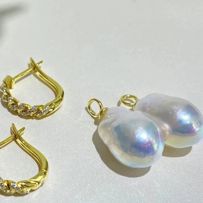 Women's 10-14mm Baroque Edison Pearl Hoop Earrings 18K Gold Plated White Elegant Jewelry