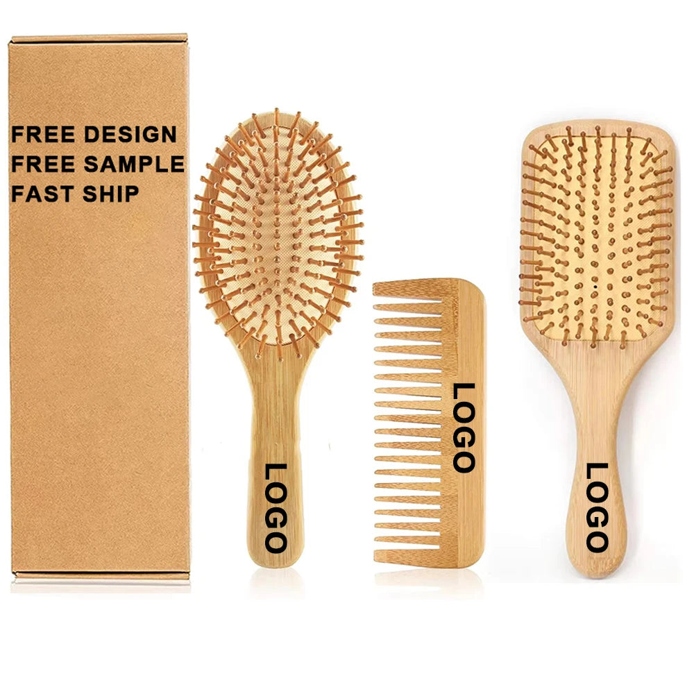 Custom Logo Massage Brush Eco-friendly Daily Use Natural Bamboo and Wood Comb Set Biodegradable Long Handle Grooming Tool