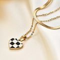 Nabest Enamel Black and White Checkerboard 18k Gold Plated Stainless Steel Heart Pendant Necklace