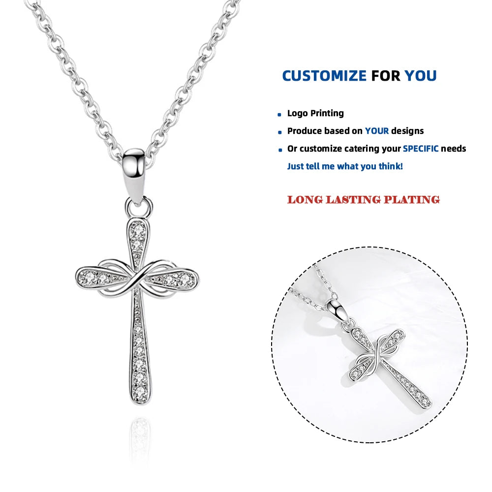 D596 Women Cross Necklace 925 Sterling Silver Infinity Cross Necklace Pendant Jewelry Gifts for Her