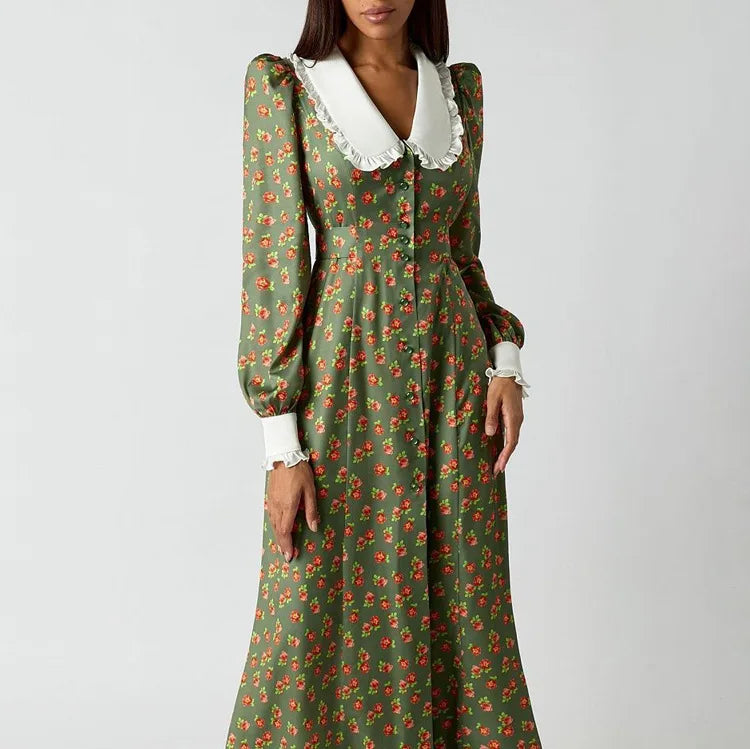 Enyami Spring Collection Unique Vintage Elegant High Waist Ladies Long Sleeve Women Floral Casual Maxi Dresses