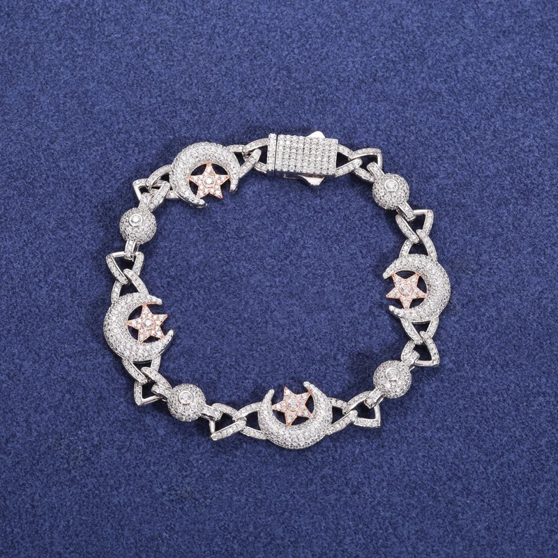 New Arrival Special Design 13mm Star Moon Bracelet 925 Sterling Silver Moissanite Hip Hop Cuban Chain Bracelet