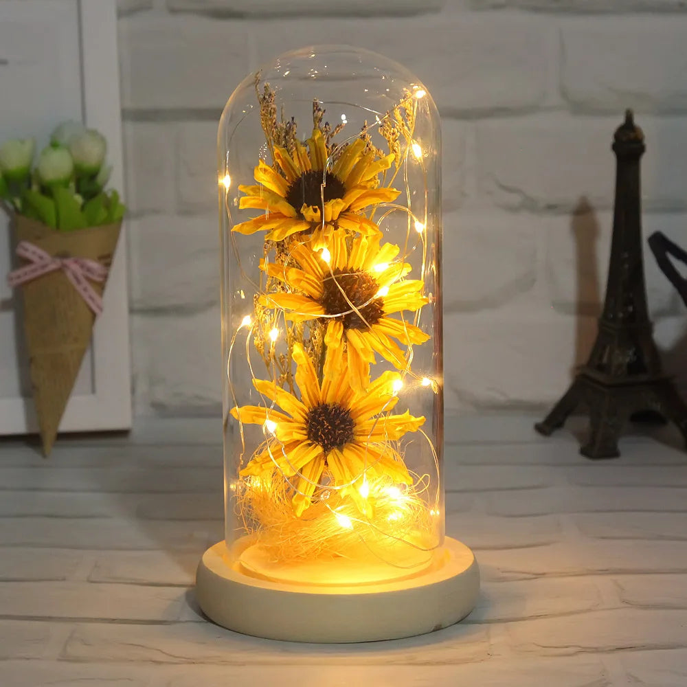 2026 Popular Sun Flowers in Glass With LED Lights Gifts Christmas Valentines Day Gifts