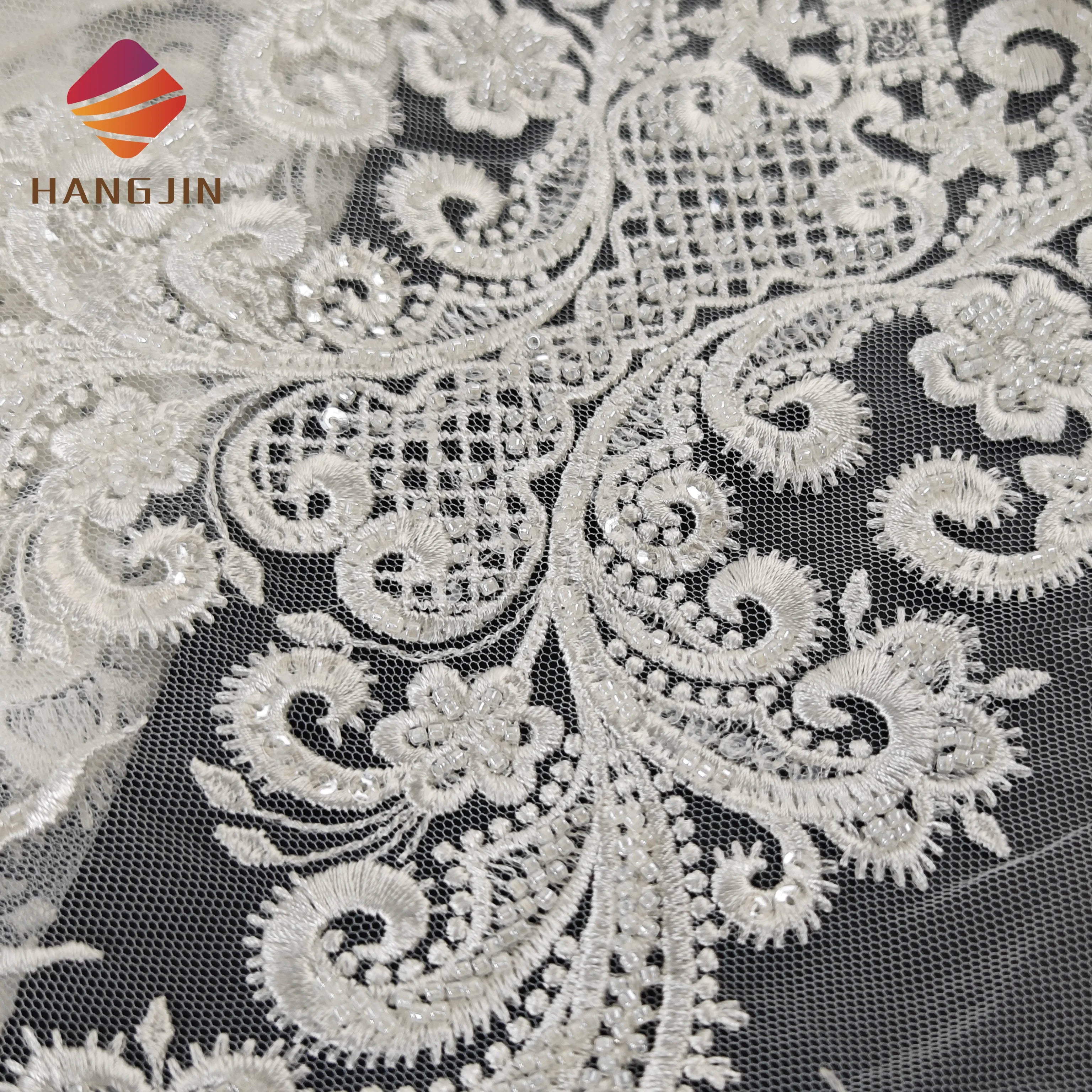 2023 White Beaded Embroidery Lace Sequins Fabric Heavily Embroidery Luxury Wedding Tulle Crystal Lace Fabric