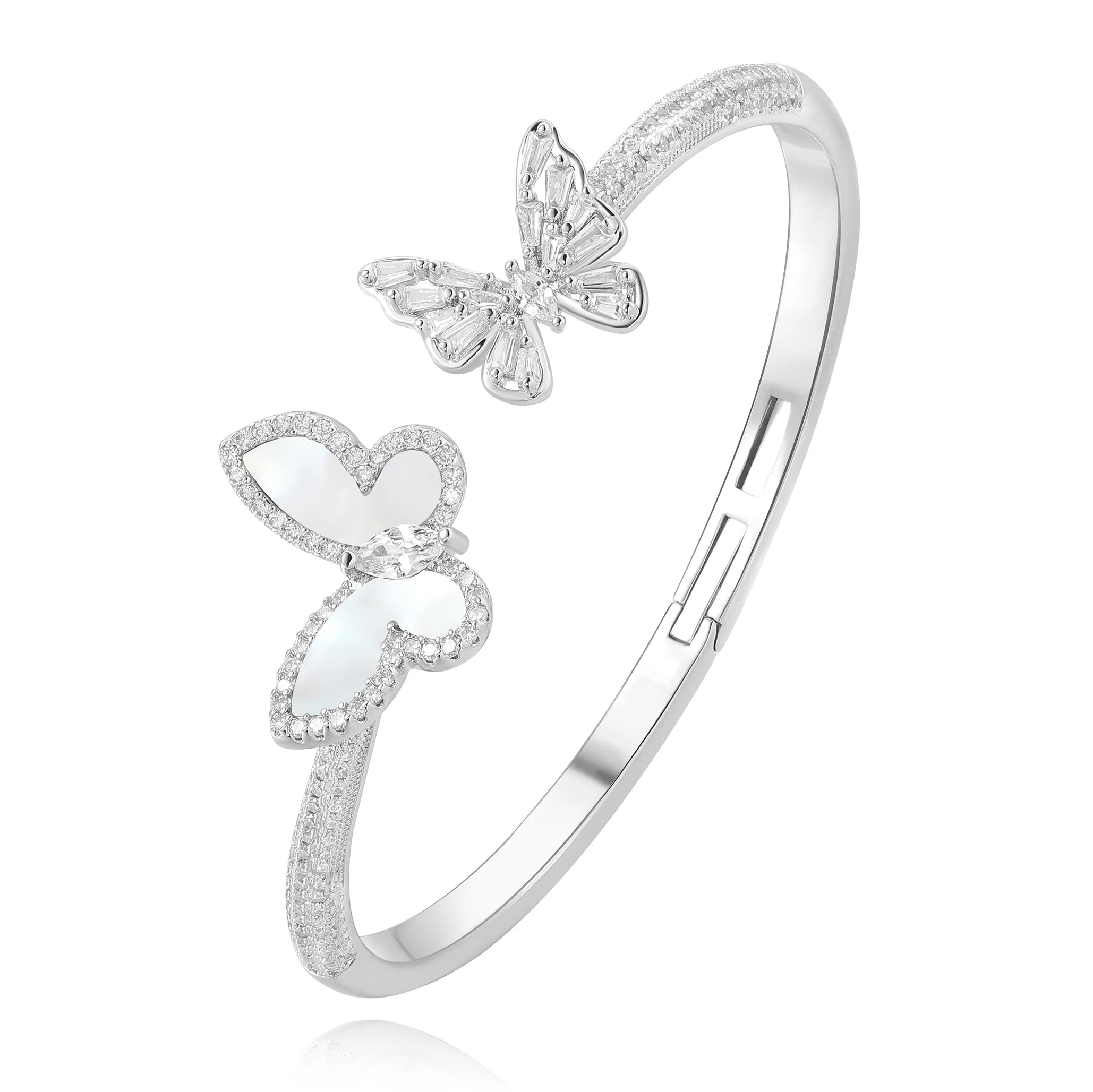 Fashion Light Luxury Platinum Plated Silver Natural White Mother-Of-Pearl Butterfly Charm Open Bracelet Unisex Jewelry Trendy