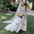 15896# Fantasy Long Sleeves O-Neck Floral Lace A-line Wedding Dress Colorful Sweep Train Illusion Back Bride Gown for Women