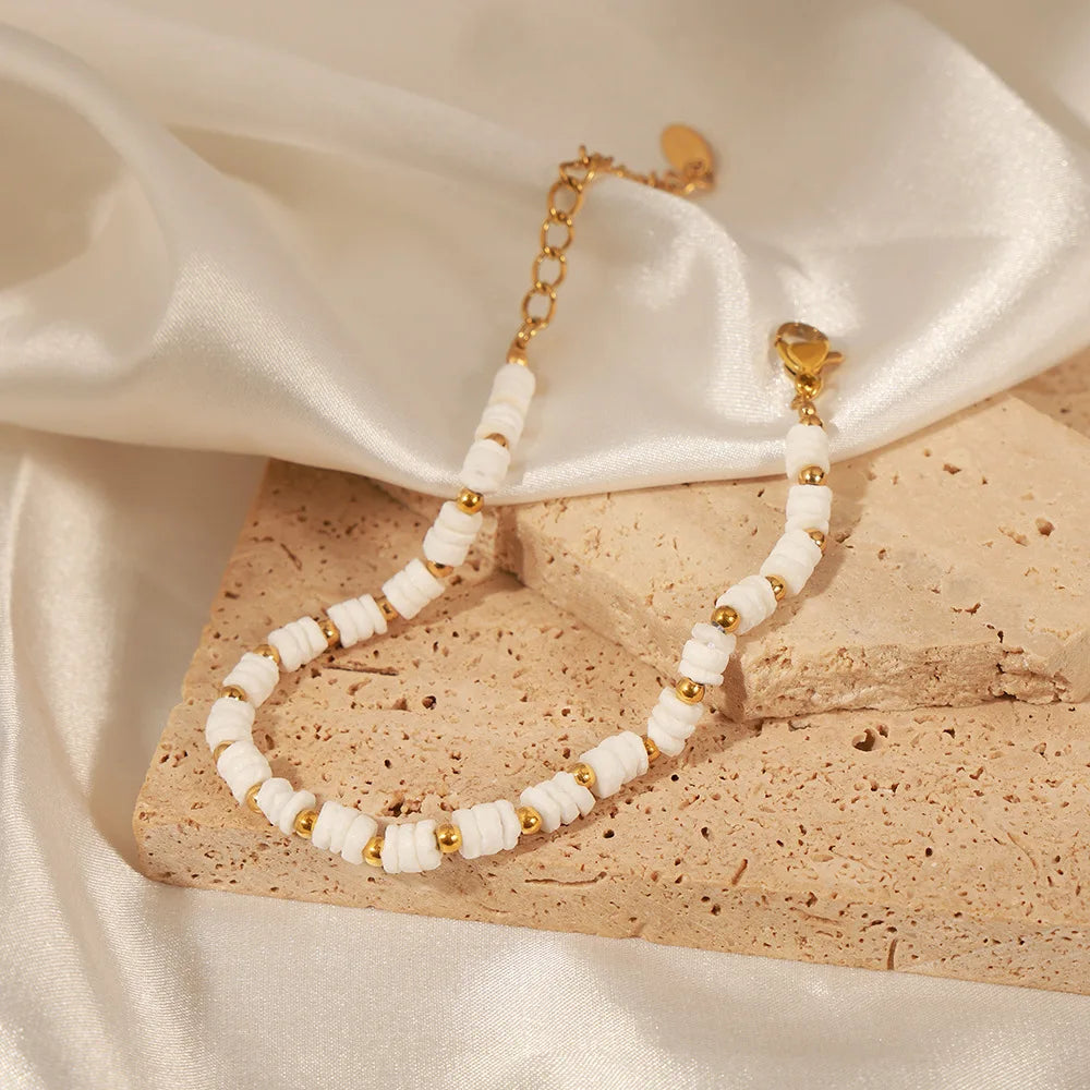 Vintage Natural Shell Bamboo Joint Beaded Bracelet Stainless Steel Waterproof Gold Plated Women's Bracelet Pulseras Y Brazaletes