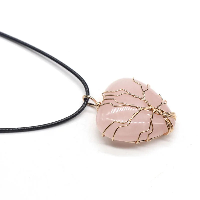 HZ Bulk Wholesale Valentines Day Necklace Rose Quartz Heart Shape Charm Pendant Gemstone Necklace Pendant Crystal Chips