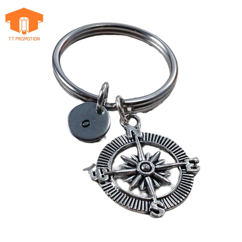 Customized Personalized Initial Charm Direction Nautical Compass Keychain for Adventure Gift