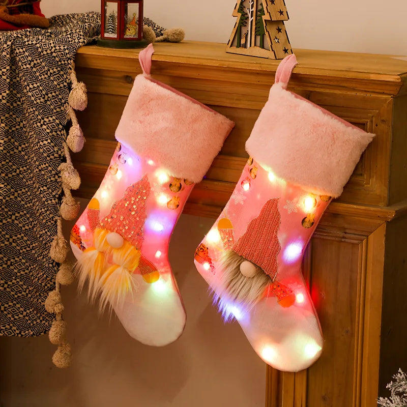 Wholesale New Xmas Socks Xmas Tree Cloth Plush Eco-friendly Cuff Gift Bags LED Decoration Christmas Stocking