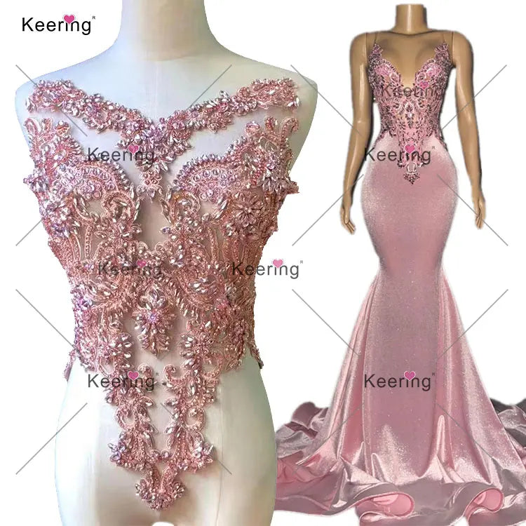 WDP-295 Elegant Mesh Fabric Sewing Bling Bling Crystal Stone PinkFront Bodice Gold Rhinestone Dress Applique