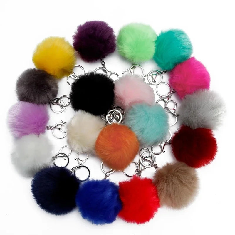 8cm Fake Fur Bag Keychain Pom Pom Car Keyring Silver Color Chains Pompons Fake Fox Rabbit Fur Charms Chain