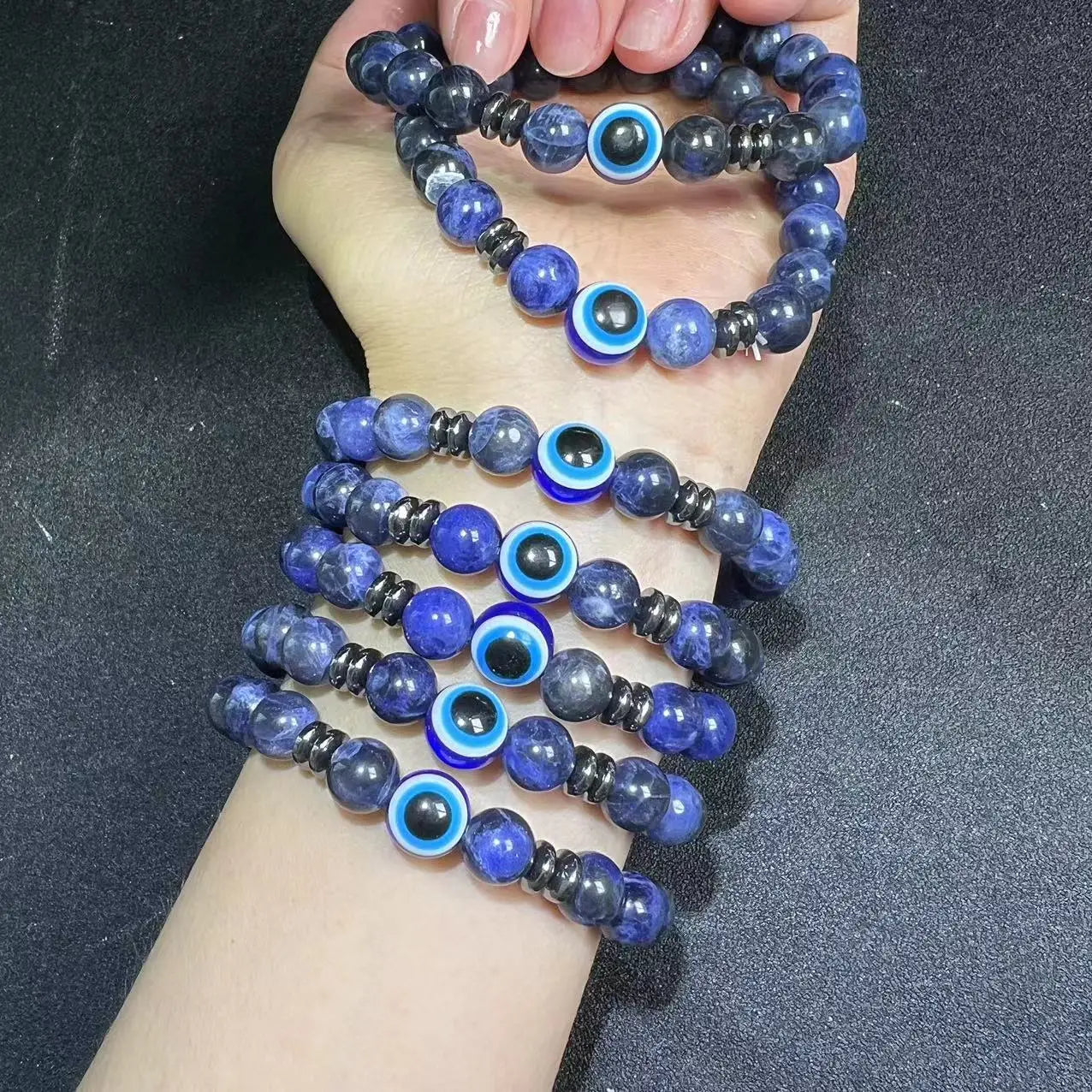Sodalite Devil's Eye Round Bracelet Blue Enamel Evil Eyes Bracelet for Healing