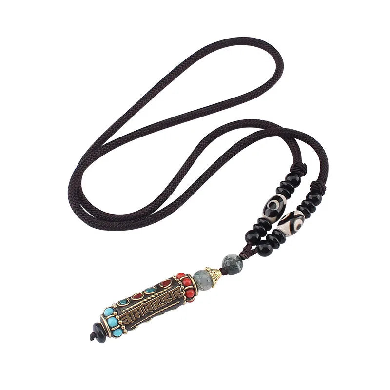 Scripture Six Words Buddha Beads Vintage Wooden Brass Beads Tibetan Silver Necklace Rope Chain Nepal Ethnic Wedding Women Men