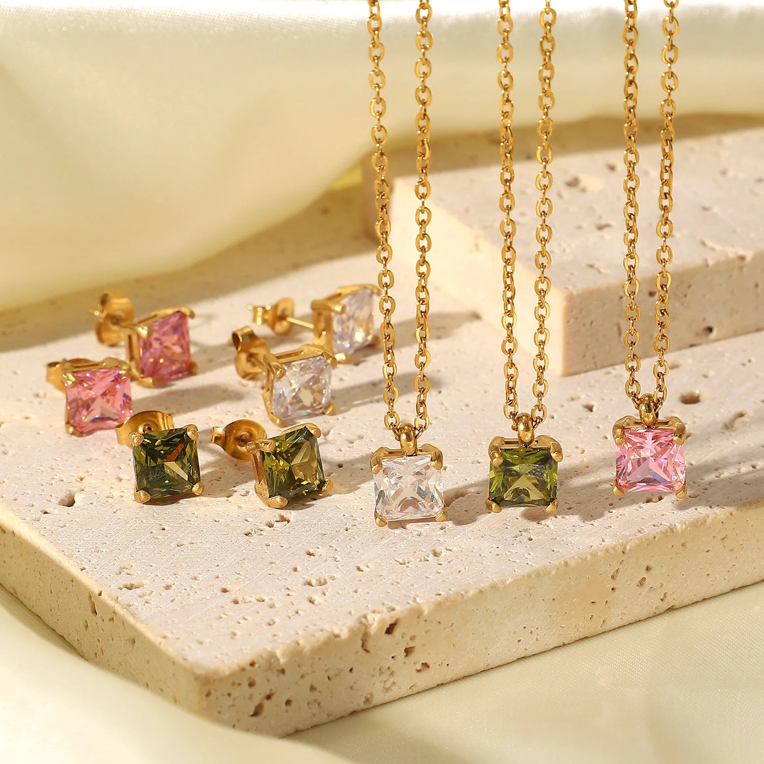 18K Gold Plated Stainless Steel Stud Set Cubic Zirconia Colorful Zircon Pendant Necklace for Women