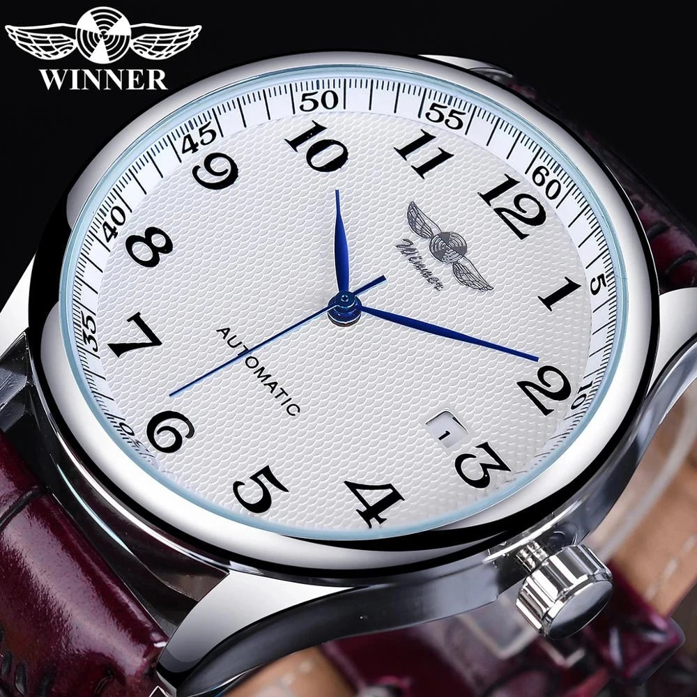 Winner Gift Men Watch Classic Retro Design Calendar Clock Blue Hands Simple Men's Fashion Automatic Mechanical Men Wristwatch
