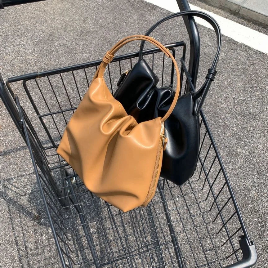 New Design  Classic Color Matching Lightweight Soft PU Leather Handbag Pleated Side Zipper Shoulder Bag Women Hand Bags