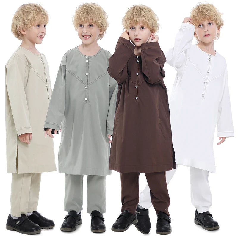 Middle East Muslim Kids Abayas Pants 2 Pieces Set Solid Color Boy Daffah Thobe Arab Dubai Islamic Clothing Kids Thobe