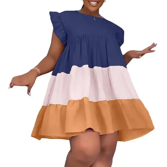 S-XXL Spring/Summer Round Neck Ruffle Edge Sleeves Contrast Panel Large Hem Loose Fitting Dress